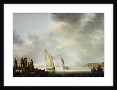 Painting of a River Landscape with Sailing Vessels, a Rowing Boat and Sportsmen on a Jetty by Aelbert Cuyp