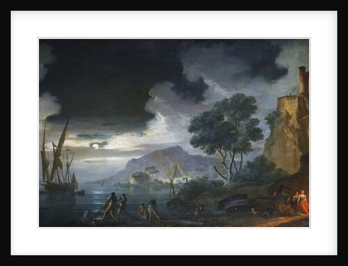 Painting of Evening, a Capriccio of a Moonlit Mediterranean Bay with Fishermen by Charles F. Lacroix de Marseille