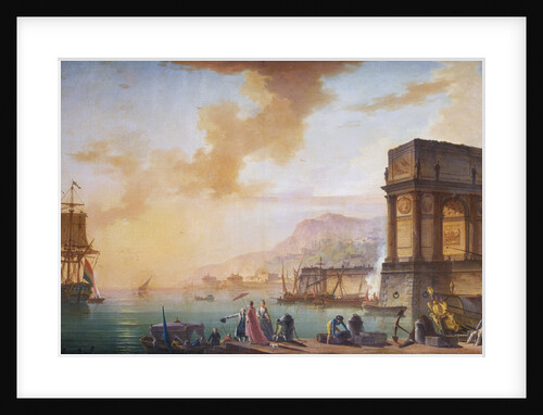 Painting of Morning, a Capriccio of the Embarking of a Ship from Marseille by Charles F. Lacroix de Marseille