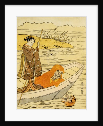 Daruma Shaving in a Boat, Watching His Reflection in the Stream, a Beauty Poling the Boat by Harunobu