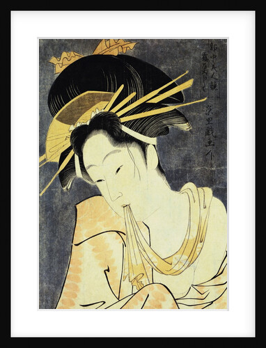 The Courtesan Kashiku of the Tsuruya Holding in Her Teeth an End of Cloth Draped Around Her Bare Shoulder by Eiri