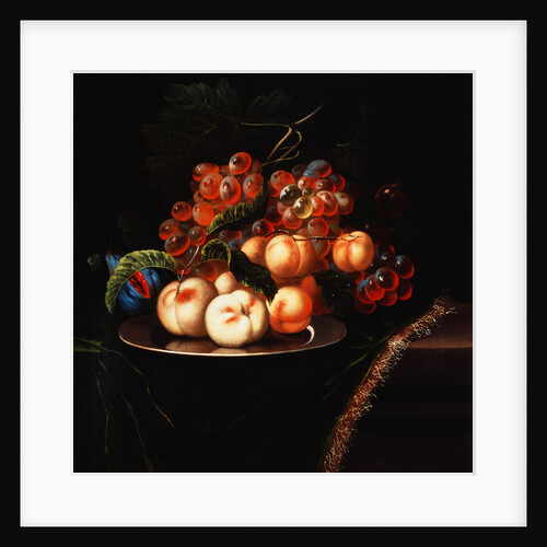 Peaches on a Pewter Plate with Grapes and a Fig by Ernst Stuven