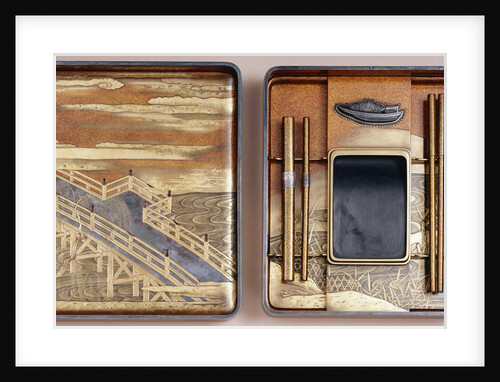 19th-Century Japanese Lacquer Writing Box Depicting River Scenes by Anonymous