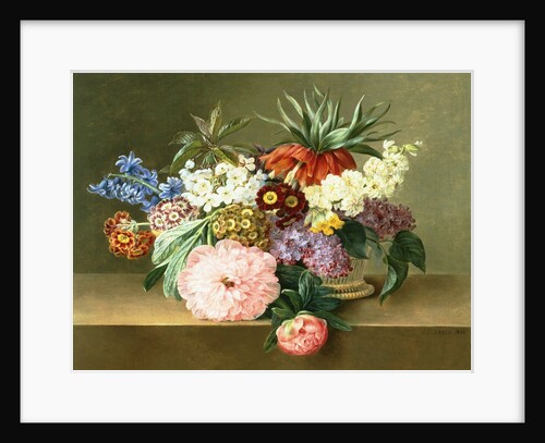 Iris, Lilac, Primulae and Blossom in a Basket by Johan Laurentz Jensen