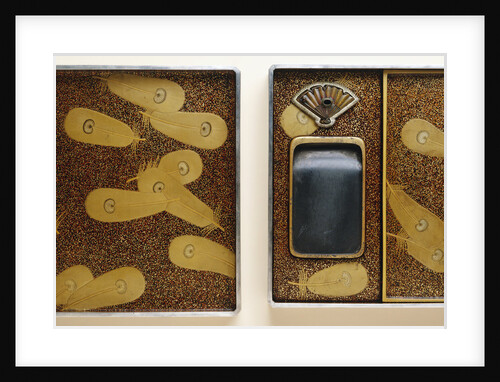 Lacquer Namban Suzuribako Decorated in Gold, Silver, Red and Black, with the Interior of the Cover Decorated with Feathers Scattered on a Gyobu-Nashiji Ground by Anonymous