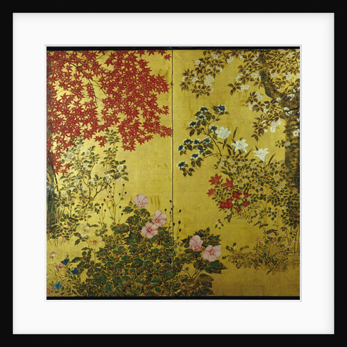 Japanese Screen with Trees and Flowering Plants by Anonymous