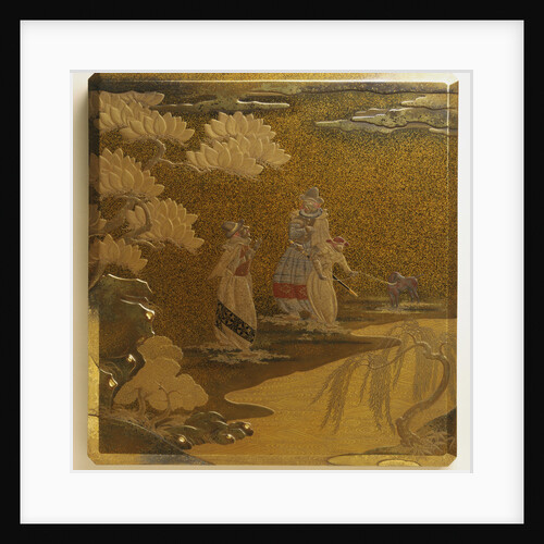 Lacquer Namban Suzuribako Decorated in Gold, Silver, Red and Black, with Cover Design Depicting Two Portuguese in Typical Costume and an Attendant by Anonymous