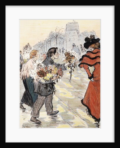 Book Illustration Showing a Street Scene with Flower Vendors by Theophile Alexandre Steinlen