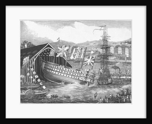 Engraving of a Ship Launch at the Chatham Royal Dockyard by Anonymous