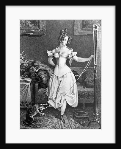 Woman in Corset with Cat Toying at Her Ribbon by Anonymous