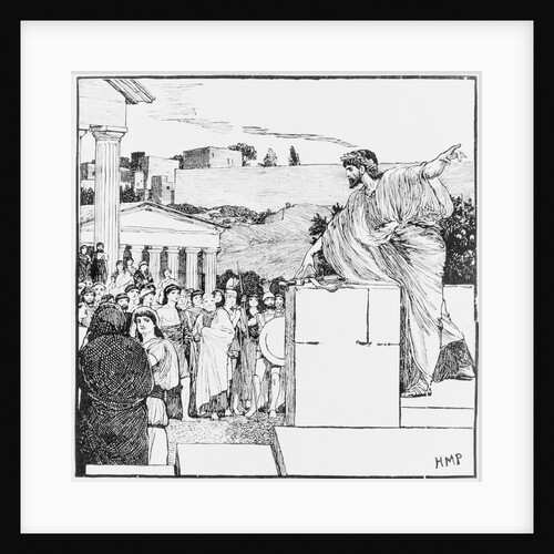 Woodcut of Demosthenes Speaking to Outdoor Assembly by Anonymous