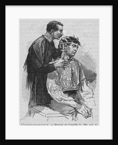Engraving of a Man Taking Measurements of a Criminal's Ear by Anonymous
