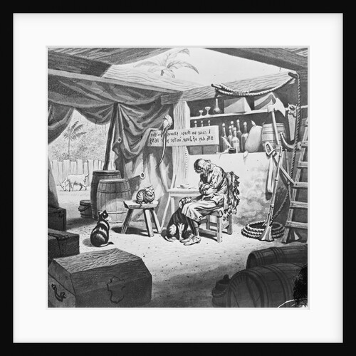 Depiction of Robinson Crusoe Alone with Animals in Makeshift Dwelling by Anonymous