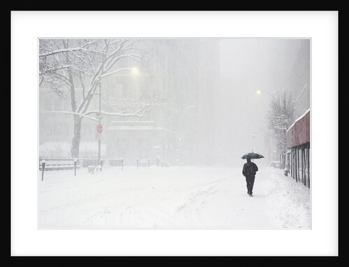 Pedestrian Walking Along Snowy Street by Anonymous