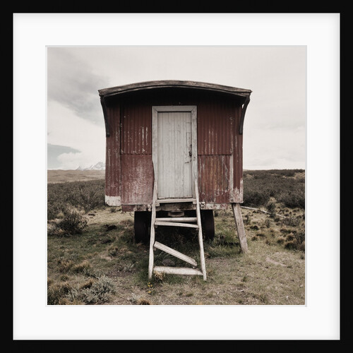 A dilapidated mobile home with crumbling staircase by Anonymous