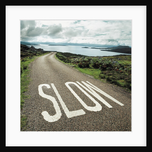 Road leading to the ocean with 'slow' painted on it by Anonymous