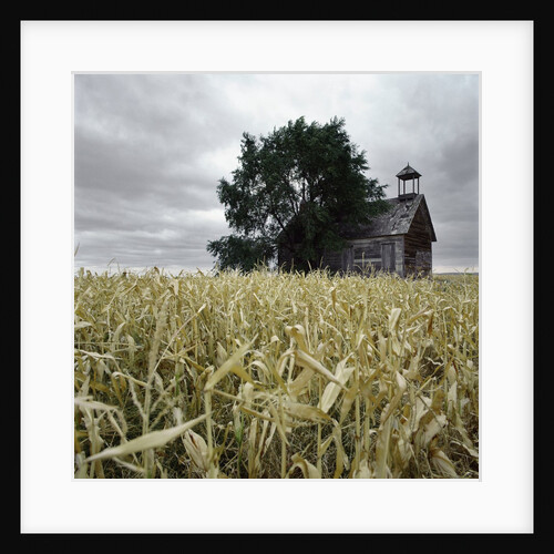 A dilapidated building in a field by Anonymous