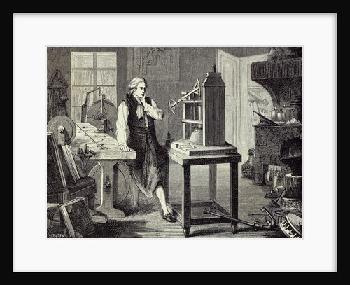 Print Depicting James Watt Studying Improvements to the Newcomen Steam Engine by Anonymous
