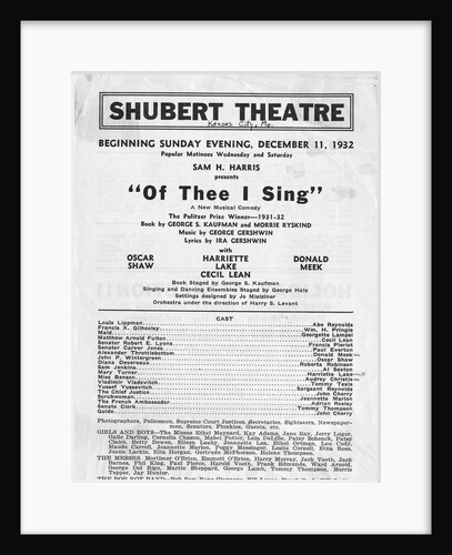 Program for Musical at Shubert Theatre by Anonymous