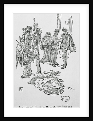 Drawing of Sir Walter Raleigh and Aids with Natives by Anonymous