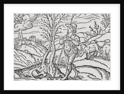 Sheep Herder with His Sheep on Hillside by Anonymous