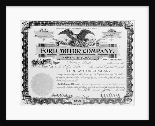 View of Stock Certificate Owned by Henry Ford by Anonymous
