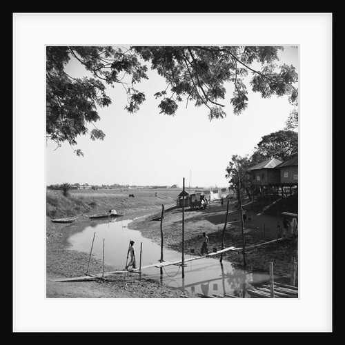 Villager Crossing Bridge over River's Stream by Anonymous