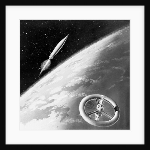 Illustration of a Rocket and Space Station Above Earth by Anonymous