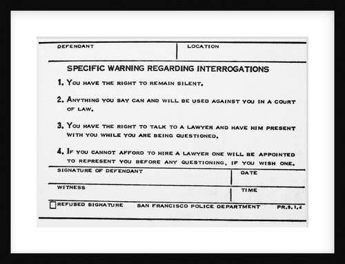Photocopy of the Miranda Warning by Anonymous