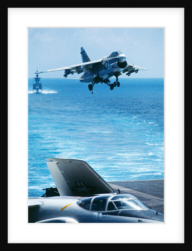 US Navy Corsair Jet Preparing for Landing on Carrier by Anonymous