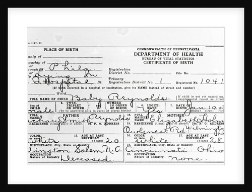 Libby Holman Reynolds Birth Certificate by Anonymous