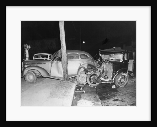 Wrecked Cars Near Electric Pole by Anonymous