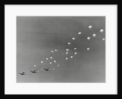 Parachutes and Military Planes in the Sky by Anonymous
