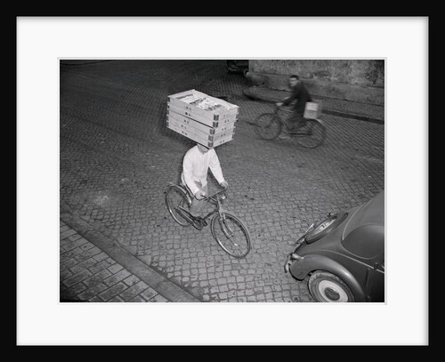 Delivery Boy Riding Bicycle with Box on Head by Anonymous