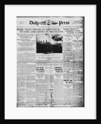 Newspaper Front Page Story on Sinking of the Titanic by Anonymous