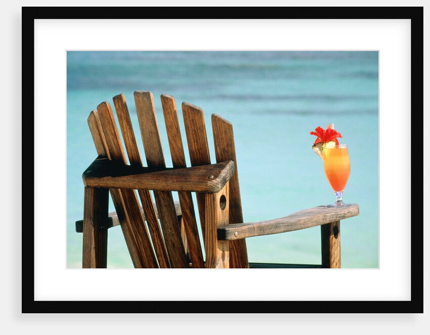 Seychelles, Denis Island, beach chair and fruit cocktail by Anonymous