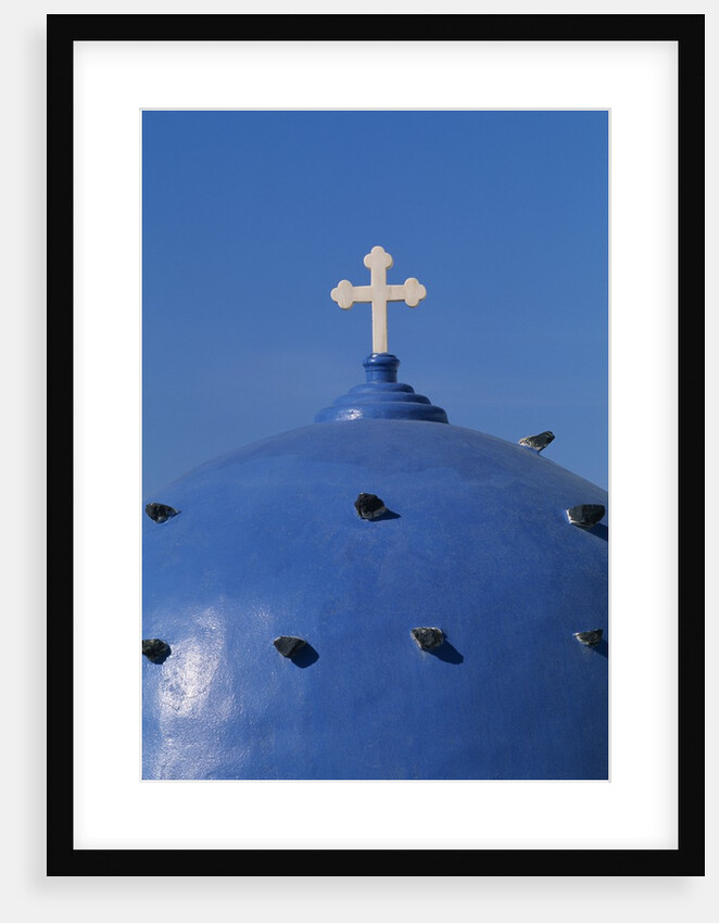 Blue dome of a church with cross on Santorin, Greece by Anonymous
