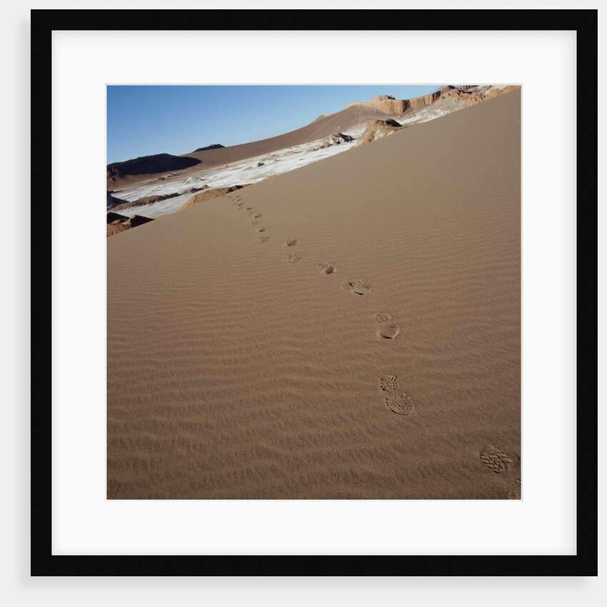 View of footprints leading over a sand dune by Anonymous