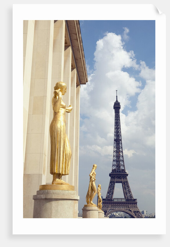 View of statues with Eiffel Tower in the background, Paris, France by Anonymous