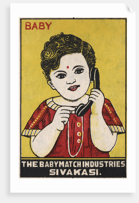 Indian Matchbox Label with a Girl Holding a Telephone by Anonymous