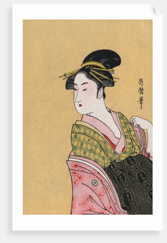 Japanese Matchbox Label with a Woman in a Pink and Green Kimono by Anonymous