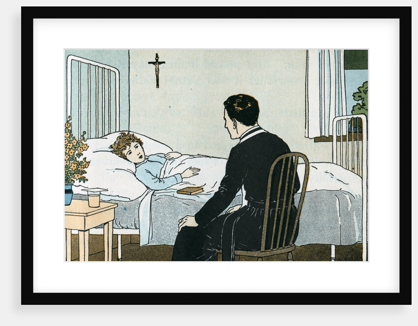Illustration of a Priest Talking to a Sick Child by L. Kate Deal