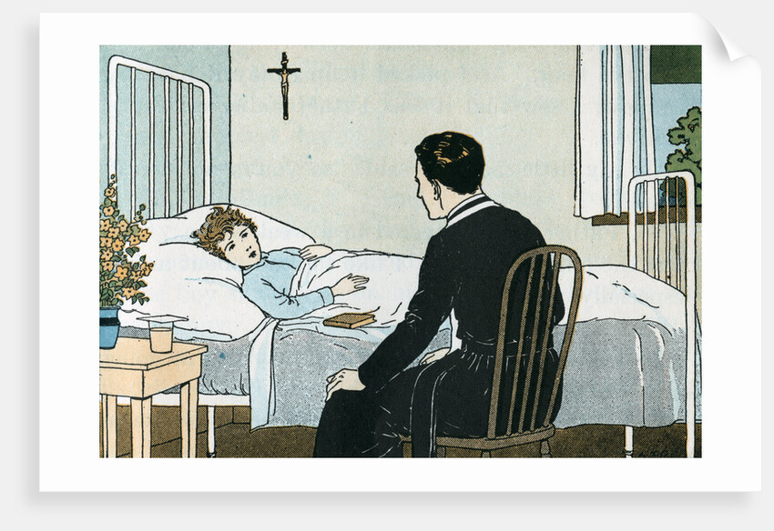 Illustration of a Priest Talking to a Sick Child by L. Kate Deal