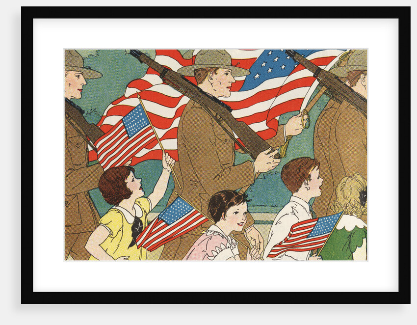 Illustration of Children Marching with Soldiers in a Memorial Day Parade by Anonymous
