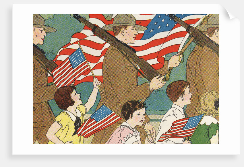 Illustration of Children Marching with Soldiers in a Memorial Day Parade by Anonymous