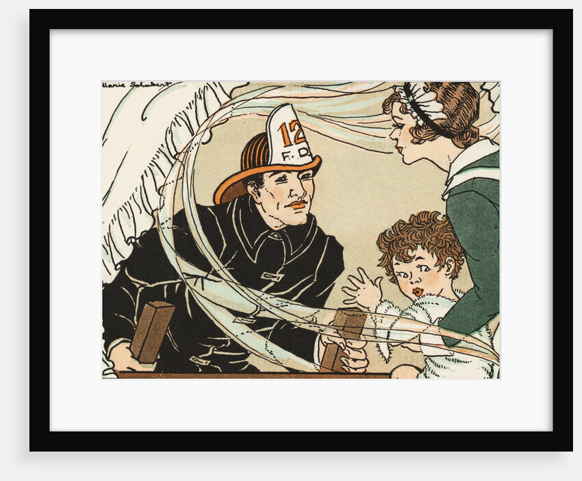 Illustration of a Fireman Rescuing a Woman and Child by Marie Schubert