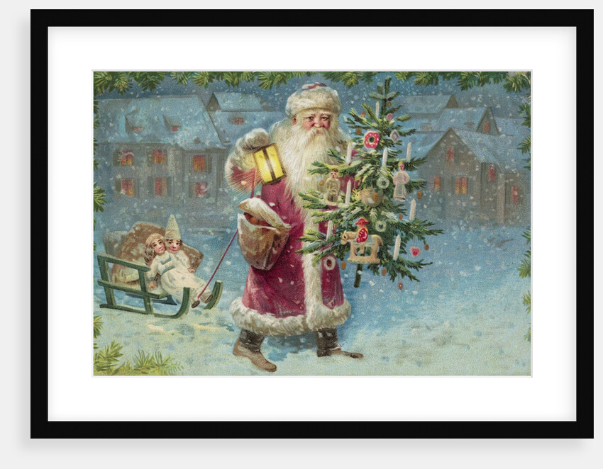 Postcard with Santa Claus Holding a Christmas Tree by Anonymous