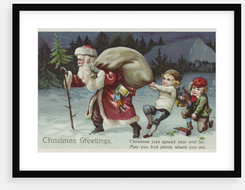 Christmas Greetings Postcard with Santa Claus and Two Children by Anonymous