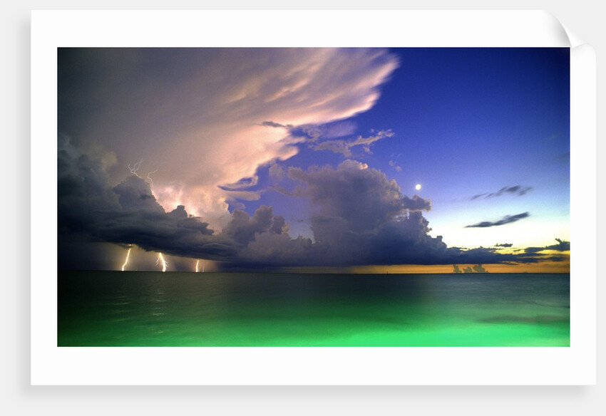 Lighting striking over green and blue water by Anonymous