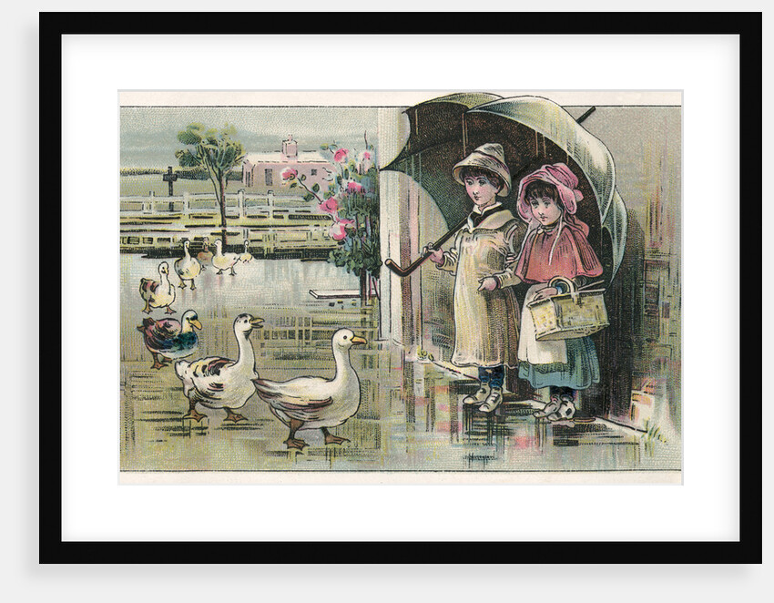 Victorian Postcard of Children Watching Ducks in the Rain by Anonymous
